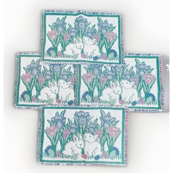 Vintage Woven Easter Placemats – Tulips & Bunny – 18"x12"- W Fringe Set of 4 EUC - Picture 2 of 10